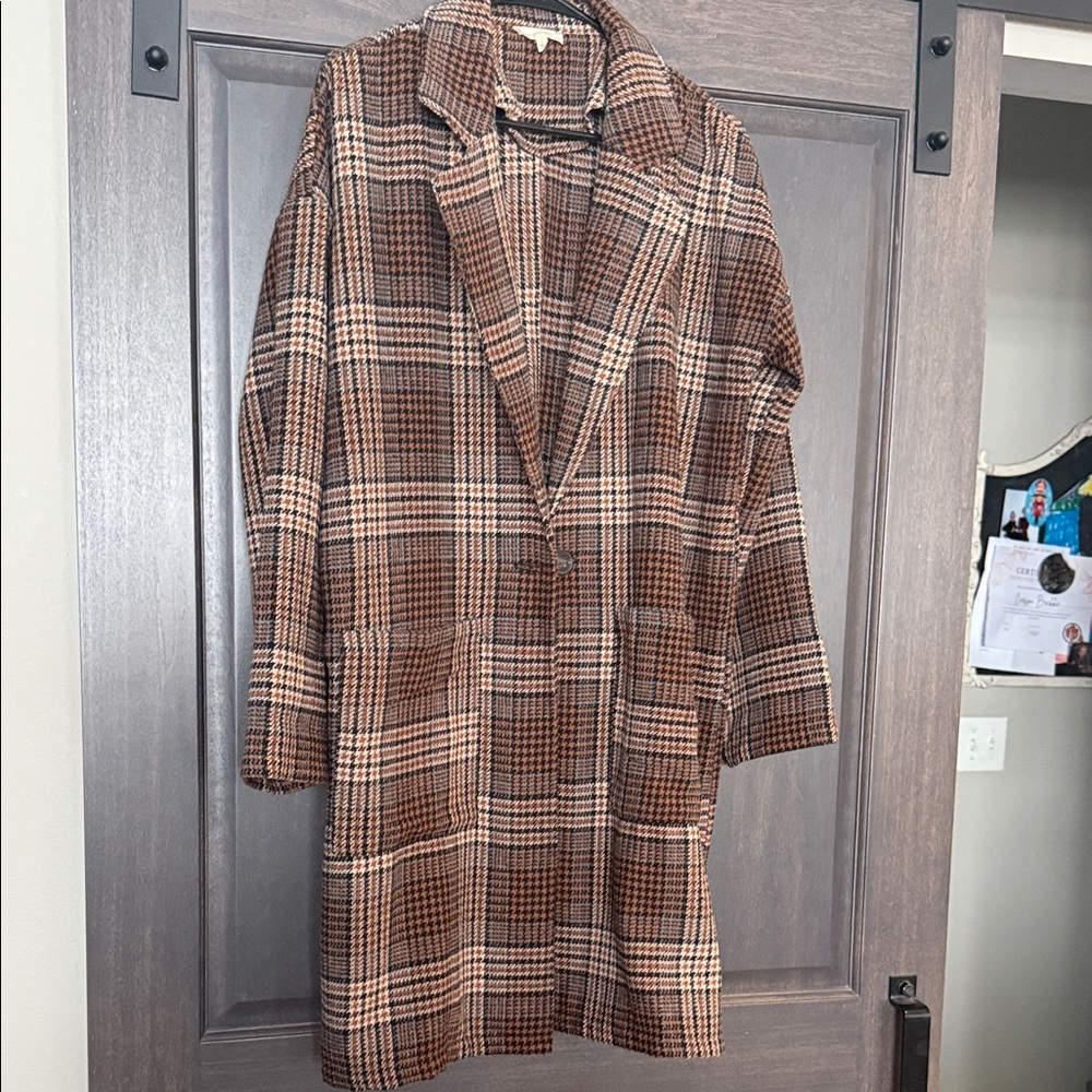 Mystree Tan and Brown Plaid Trench Coat